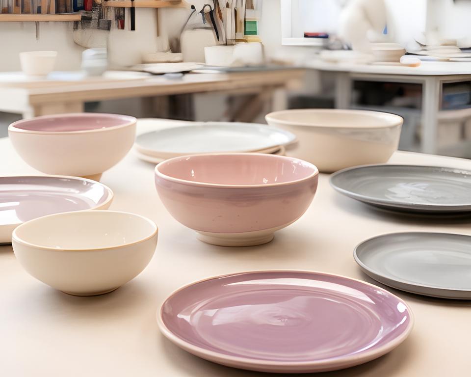 Keramische Tischgeschirr-Kollektion auf einem hellen Werkstatttisch in Zürich mit glasierten Schalen und Tellern