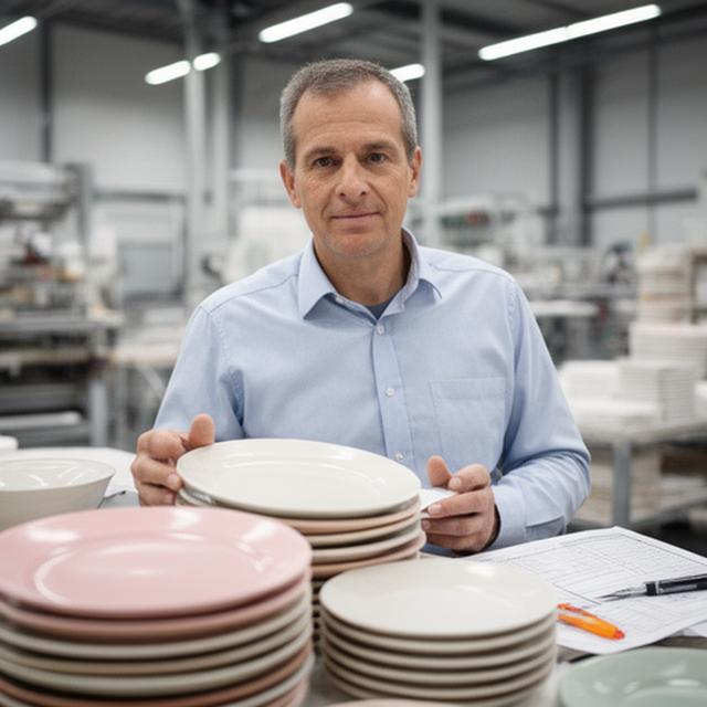 Thomas Meier kontrolliert Stapel von Keramiktellern in der Produktionshalle mit Prüfprotokoll
