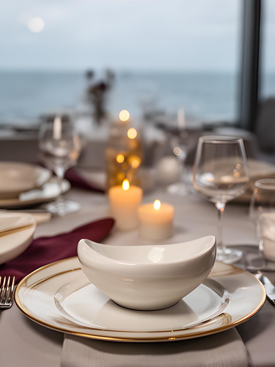 Massgeschneiderte Tellerformen auf einem gedeckten Tisch in einem eleganten Hotel am Zürichsee mit feinem Porzellan und Kerzenlicht