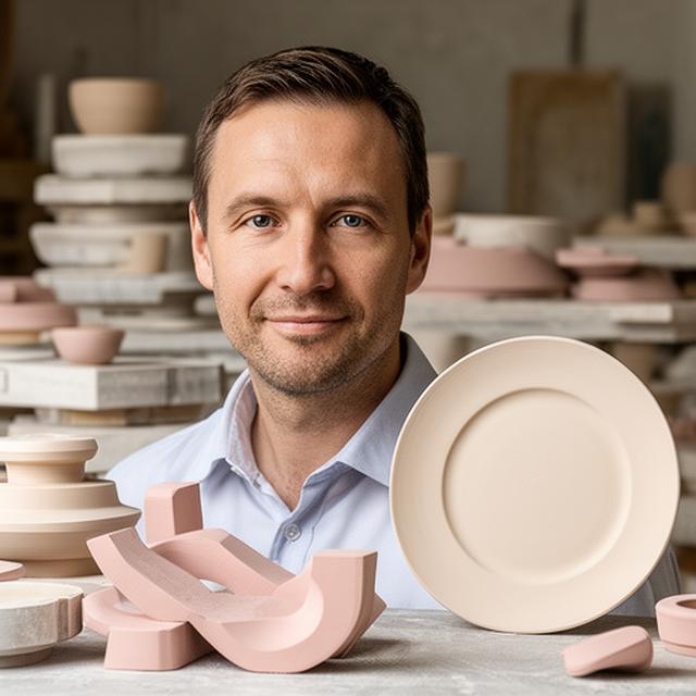 Markus Keller in der Zürcher Werkstatt neben Keramikformen und einem Prototypen-Teller